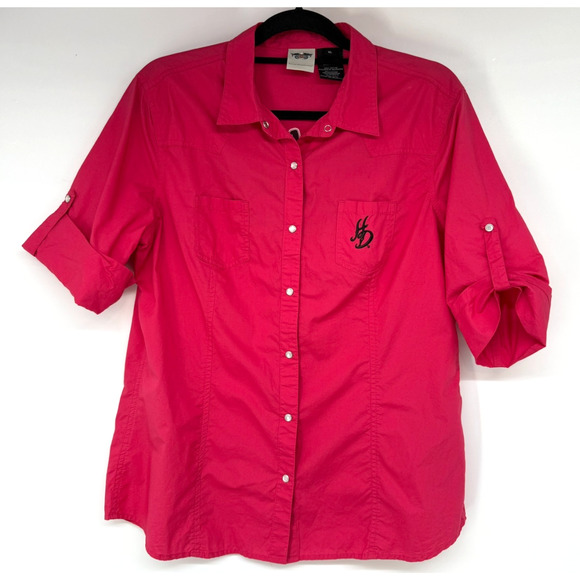 Harley Davidson Shirt Womens XL Red Pearl Snap Spell Out Studded Moto Biker Chic - Picture 1 of 9